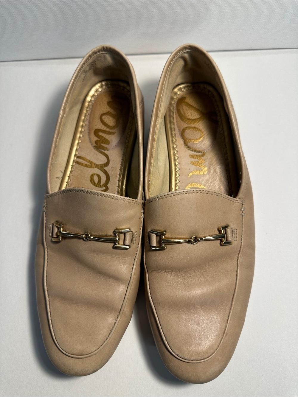 Sam Edelman Tan/Taupe Leather Loafers with Gold Horsebit Size 6.5 Pre-owned
